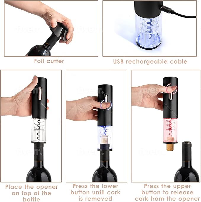 Moss & Stone Electric Wine Opener Set, Corkscrew Remover With USB Charging, Wine Bottle Opener with Wine Pourer, Foil Cutter & Vacuum Stopper, Automatic Wine Opener For Wine Lovers (Black)