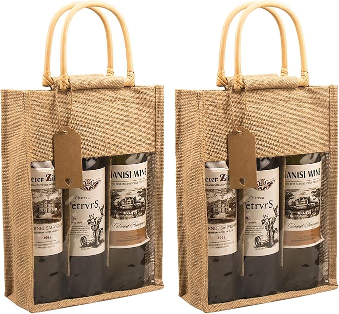 DIWNELEM 2 Pack Burlap Gift Bags with Window - Jute Wine Bags for Wedding, Parties, Birthdays, Christmas & Holidays