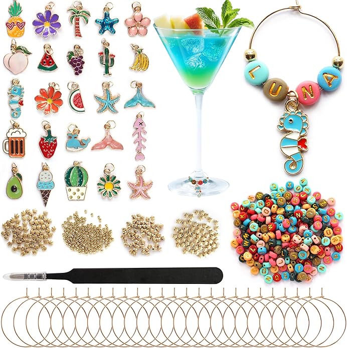 DIY Wine Glass Charms Kit, 25pcs Personalized Reusable Drink Marker Tags, Glass Identifiers for Wine Tasting Party, Unique Hostess Gifts & Party Decorations