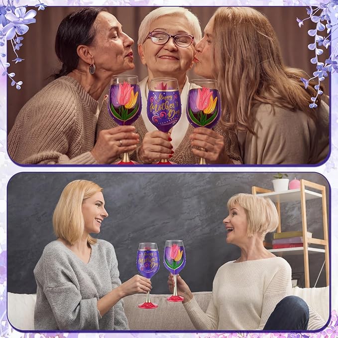 SiliFine 4 Pcs Mother's Day Stemmed Wine Glasses Hand Painted Tulip Flower Drinking Cup Wine Glasses Gifts for Birthday Theme Holiday Party Supplies