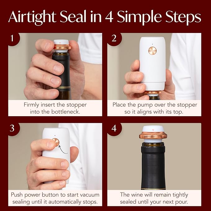 Electric Wine Preserver - Rechargeable Vacuum Saver With Airtight Seal - Automatic Air Remover Pump for 10 Days of Flavor & Freshness - Preservation System (White & Rose Gold)
