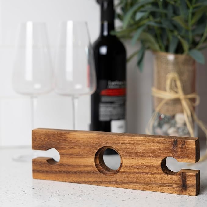 Ironwood Gourmet Acacia Wood Wine Glass Holder for Wine Bottles, Holds 2 Wine Glasses