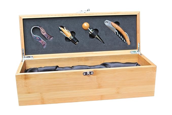 CASE ELEGANCE Premium Monogrammed Bamboo Wine Box Gift Set with Accessories - Luxury Single Bottle Wine Gift Box with Wine Opener, Bottle Opener & Wine Accessories, Wedding Gift Case with Tools