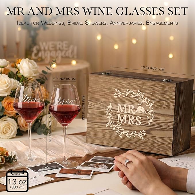 Wedding/Anniversary/Engagement/Bridal Shower and Bachelorette Gifts for Couples,Bride & Newlywed, Engraved Mr and Mrs Wine Glasses with 5-Piece Wine Accessory Kit (Wreath Design)