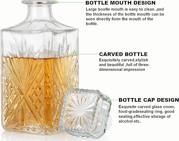 Whiskey Decanter Set,800ML Elegant Liquor Carafe with Ornate Glass Stopper and 2 Matching Whisky Tumblers–Whisky,Scotch, Liquor, Wine, Bourbon, Gin, Rum, Tequila, Vodka and Brandy (Blossom Style)