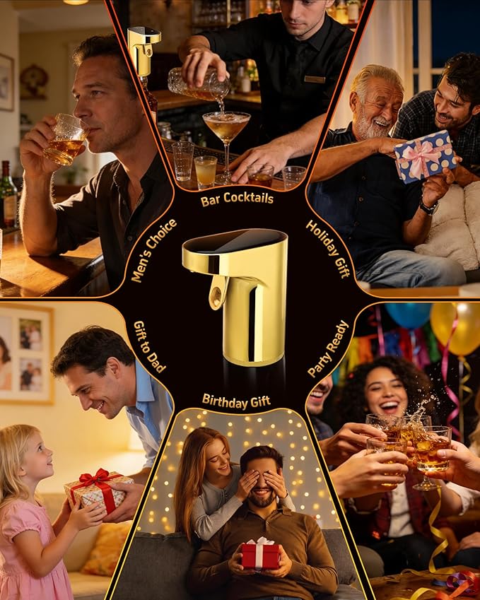 Fathers Day Gift | World Cup Viewing Party Supplies,Electric Whiskey & Cocktail Dispenser-Smart Pouring, Adjustable 1‑999ml Dosing, Rechargeable Battery, Ideal for Home Bars & Enthusiasts (Gold)