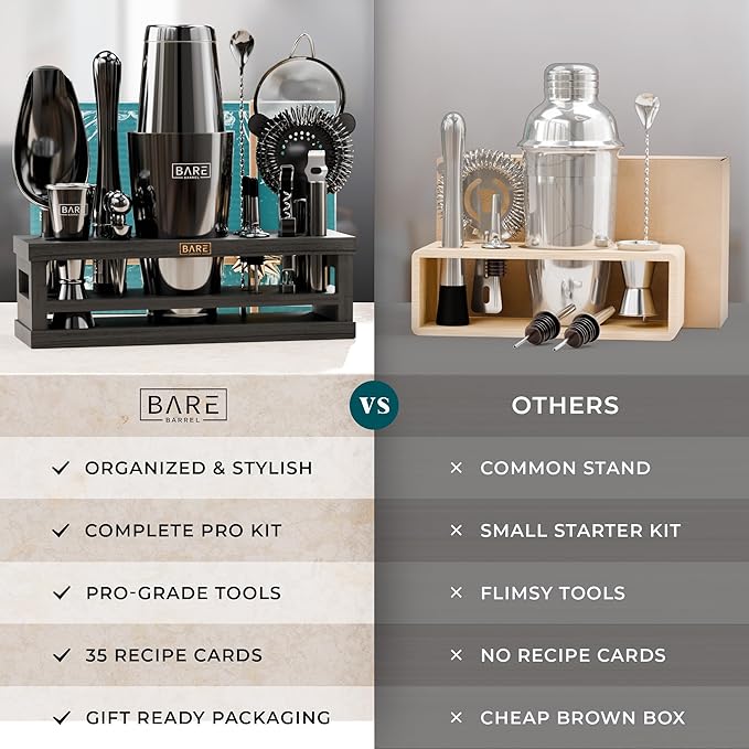 BARE BARREL® Mixology Bartender Kit Bar Set | 16-Piece Cocktail Shaker Set | Martini Barware Mixing Tools for Home Bartending | Incl. 35 Recipe Cards | Gift Set (28oz Boston Shaker, Jet Black/Black)