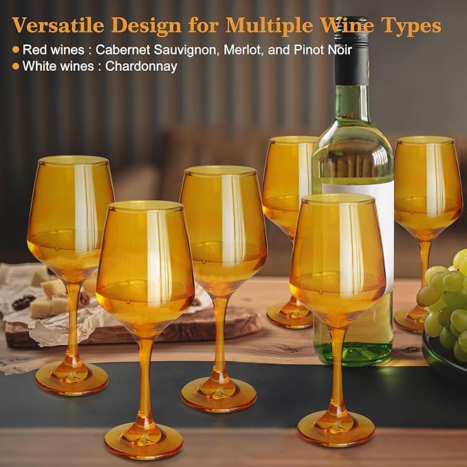 Amber Wine Glasses Set of 6, 12oz Stemmed Glasses, Thick & Colored, Dishwasher Safe Stemware for Red or White, Gift for Party, Holiday, Anniversary, Restaurant, Home Bar, Daily Use