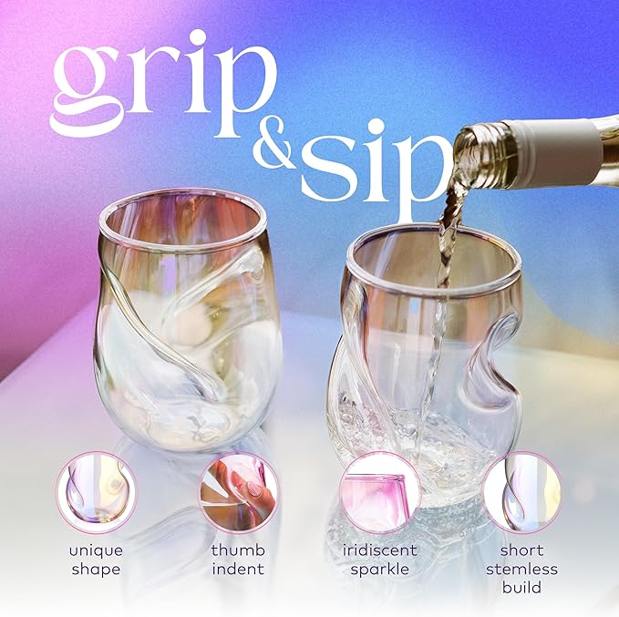 Dragon Glassware Stemless Wine Glasses - 16 oz Stemless Wine Glass Set with Finger Indentations - Set of 2 Iridescent Glassware - Aerates Naturally