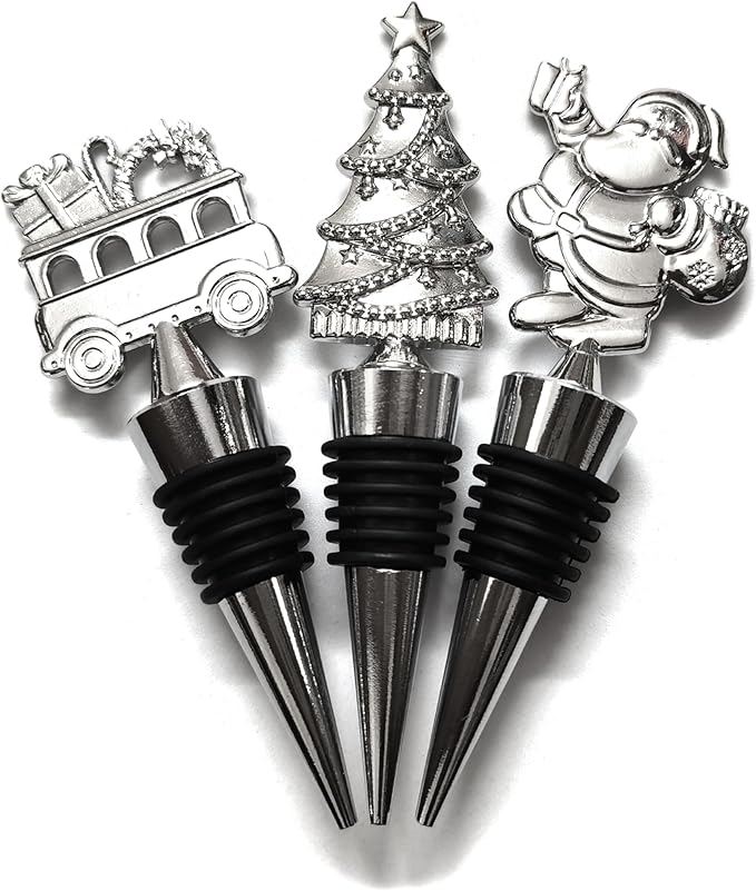 Christmas Wine Stoppers for Wine Bottles 3 Packs - Metal Wine Stopper Christmas Wine Bottle Set - Holiday Wine Bottle Stopper Christmas Tree, Santa, Christmas Gifts Train for Wine Topper