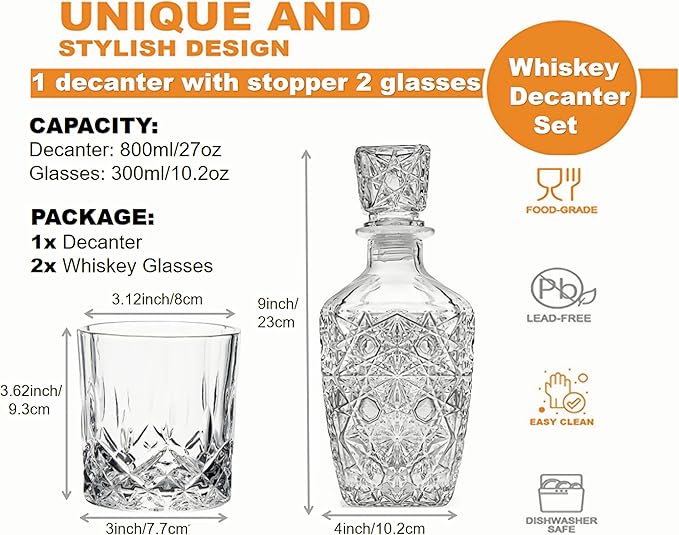 Whiskey Decanter Set,800ML Elegant Liquor Carafe with Ornate Glass Stopper and 2 Matching Whisky Tumblers–Whisky,Scotch, Liquor, Wine, Bourbon, Gin, Rum, Tequila, Vodka and Brandy (Diamond Style)