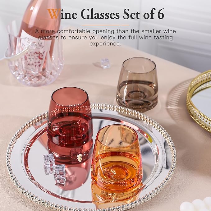 Stemless Colored Wine Glasses Set of 6-14oz Crystal Colorful Wine Glasses-Unique Hand Blown Muticolor Wine Glass Wedding gift set for wine lovers