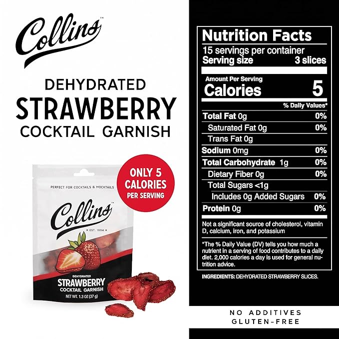 Collins Dehydrated Strawberry Cocktail Garnish Slices, 1.3 oz – Perfect for Strawberry Gin Fizz, Spritzes & Desserts – Premium Drink & Food Garnish – 1.3 oz