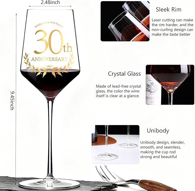 30 Years Anniversary Wine Glass Gift Set of 2 Happy 30th Anniversary Package with 2 Wine Glasses, Wine Bag, and Greeting Card Gifts for Couple Husband and Wife