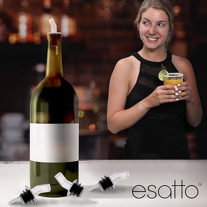 Esatto Pourer with Screen - Premium Quality Liquor Dispenser Pour Spouts with Built-in Filter for Smooth Pouring - Pour Spouts Ideal for Bartenders, Home Bars, and Parties (12 Pack & 4 Cork)