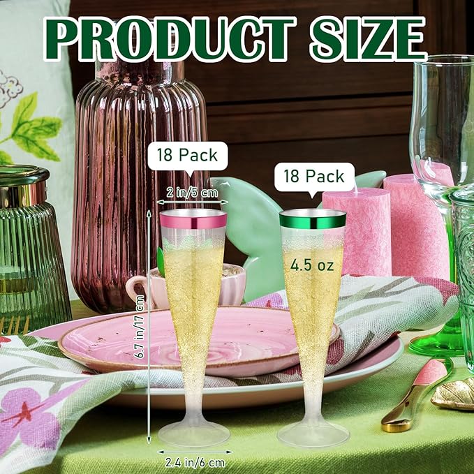 Jingmore 36 Pcs Plastic Champagne Flutes 4.5 oz Clear Disposable Wine Glasses Cocktail Cup Champagne Glass for Wedding Graduation Summer Party Favor Mimosa Bar Supplies (Green,Pink)