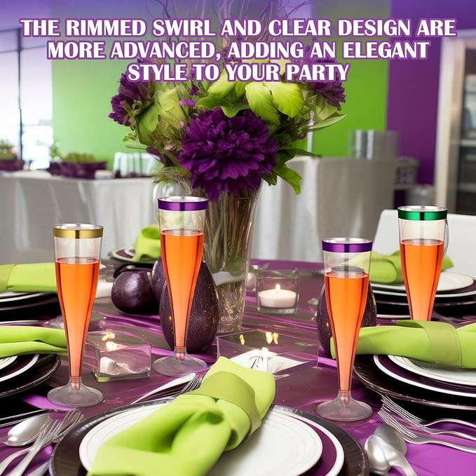 Jingmore 36 Pcs Plastic Champagne Flutes 4.5 oz Clear Disposable Wine Glasses Cocktail Cup Champagne Glass for Wedding Graduation Summer Party Favor Mimosa Bar Supplies (Purple,Green)
