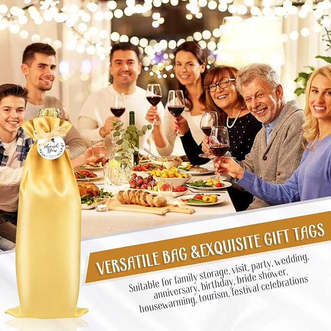 Shappy 12 Pcs Yellow Satin Wine Gift Bags with Drawstrings and Tags, Wine Bottle Bags Covers Reusable for Holiday Party Supplies