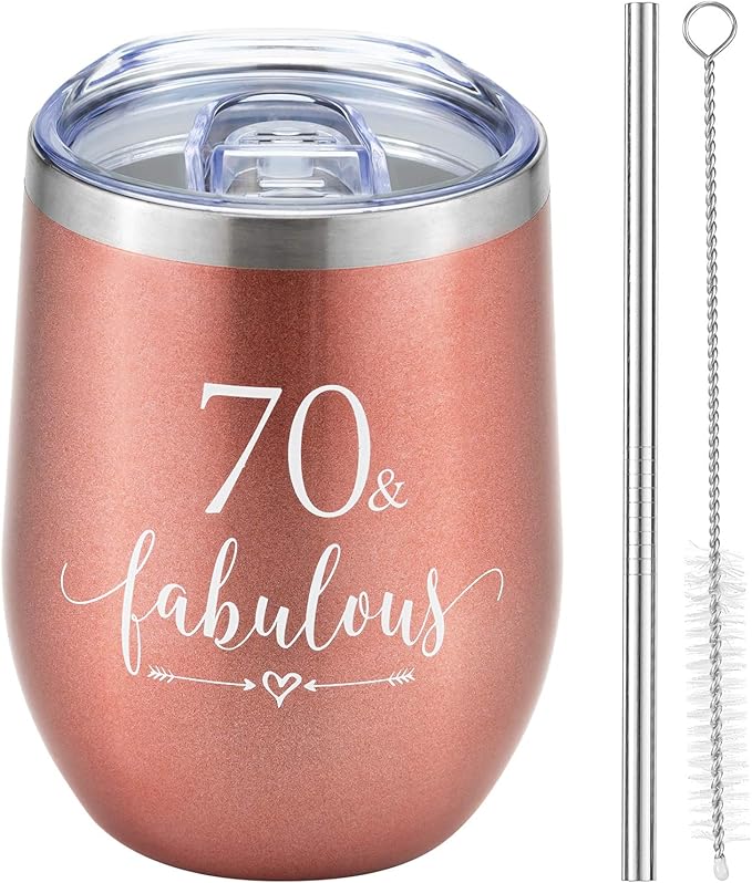 Crisky Rose Gold 70 & Fabulous Wine Tumbler for Women 70th Birthday Gifts for Women, Wife, Mom, Sister, Aunt, Friends, Coworker Her, Vacuum Insulated Coffee Cup,12oz with Box, Lid, Straw
