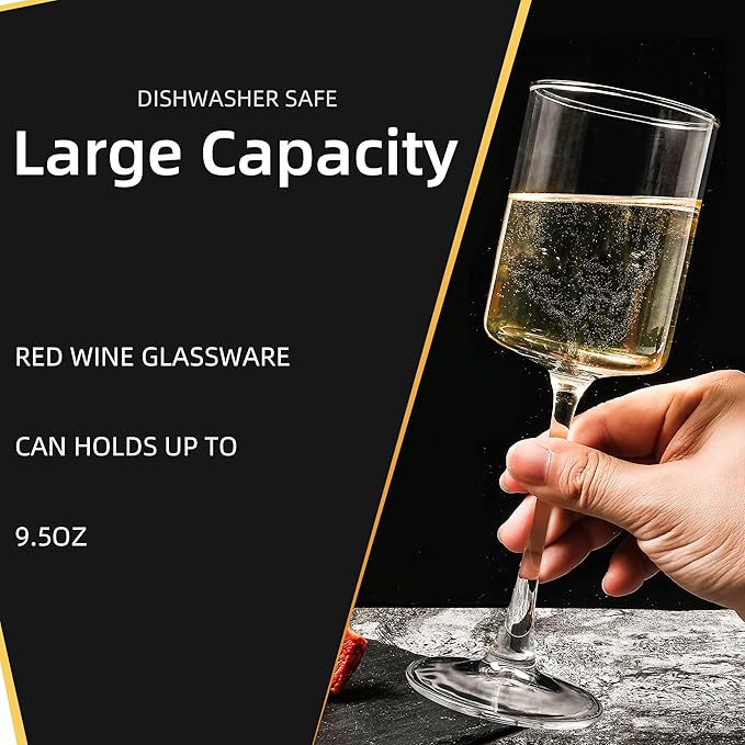 Elegant Square Wine Glasses Set of 12, All Purpose Red Wine Glasses for Birthday, Wedding, Party - 9.5 oz, Clear