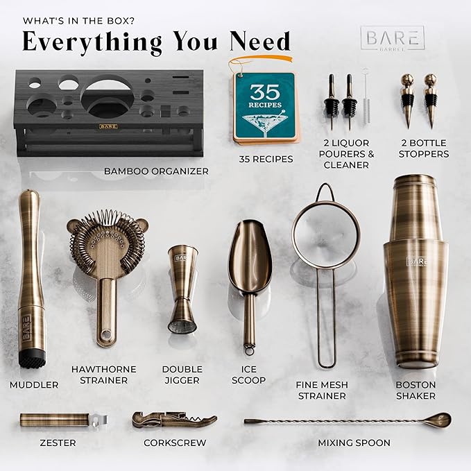 BARE BARREL® Mixology Bartender Kit Bar Set | 16-Piece Cocktail Shaker Set | Martini Barware Mixing Tools for Home Bartending | Incl. 35 Recipe Cards | Gift Set (28oz Boston Shaker, Brass/Black)