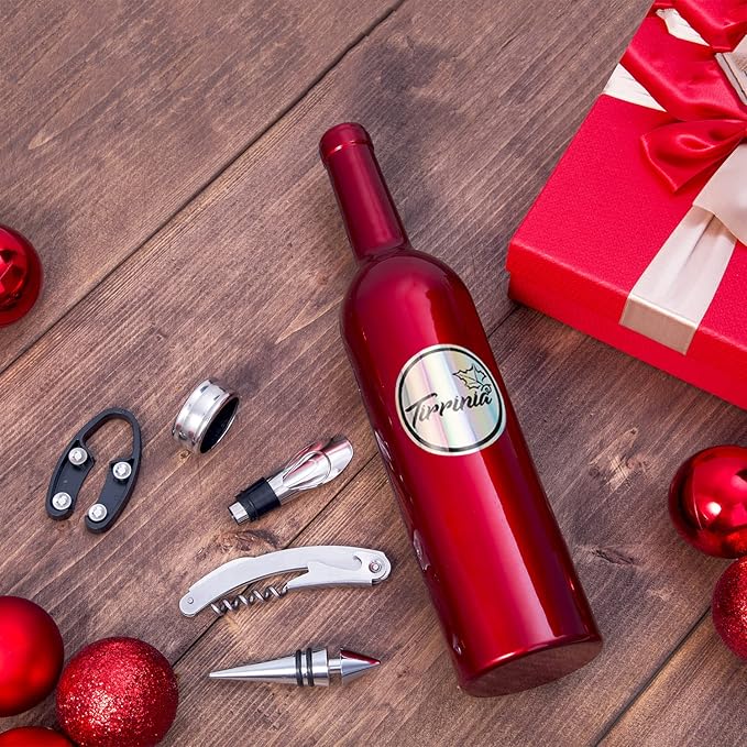 Wine Accessories Gift Set - Wine Bottle Corkscrew Opener Kit, Drip Ring, Foil Cutter and Wine Pourer and Stopper in Novelty Bottle-Shaped Case for Valentine's Gift, Red