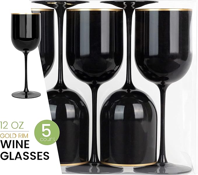 PLASTICPRO Black Wine Cup with Gold rim Plastic Wine Glasses Set of 10 Elegant Wine Goblets Hard Plastic Wine Cups on Stem 12 Ounce