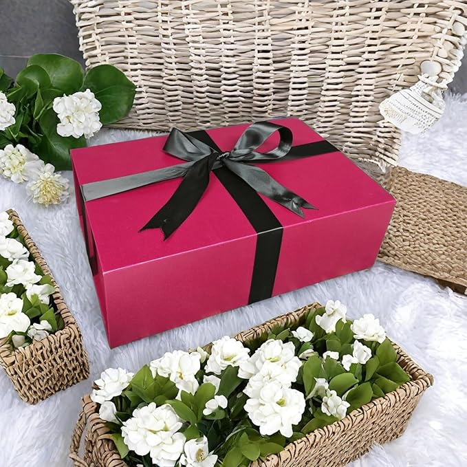 YINUOYOUJIA Large Burgundy Gift Boxes with Lid,14"x9"x4.5" Magnetic Gift Box with Ribbon,Cards and Envelopes for Presents,Great for Wedding,Birthdays,Crafting,Gift Packaging.
