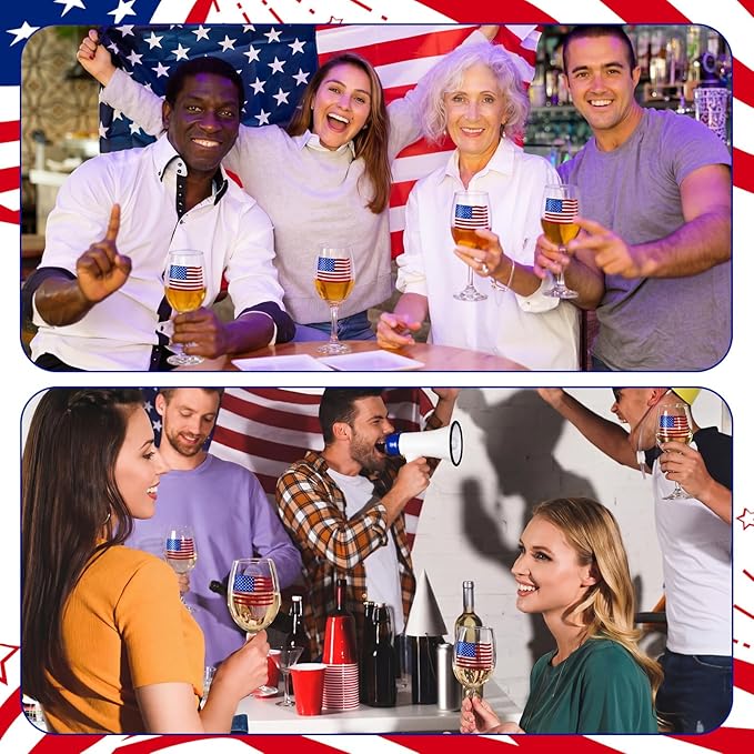 SiliFine 4 Pcs 4th of July Patriotic Party Stemmed Wine Glasses Hand Painted American Flag Drinking Cup Wine Glasses Gifts for Independence Day Theme Holiday Party Supplies