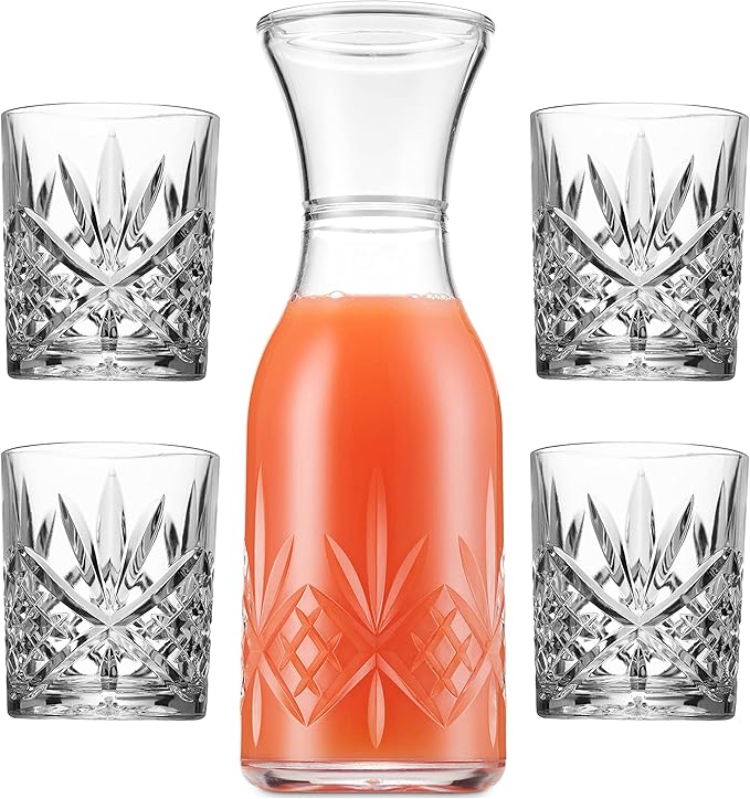 Godinger Carafe Pitcher and Drinking Glasses Set, Acrylic Shatterproof Water Pitcher Wine Decanter with 4 Wine Glasses Tumbler Cups - Dublin Collection