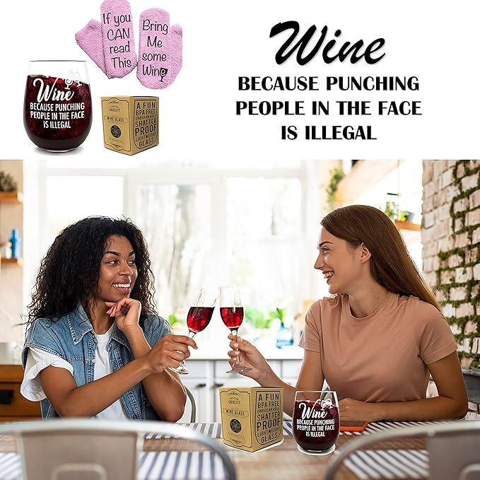 FUNNY WINE GLASSES + WINE SOCKS -16 oz Unbreakable Stemless Wine Glass With Sayings & Fuzzy Girl Socks “If You Can Read This, Bring Me Some Wine"
