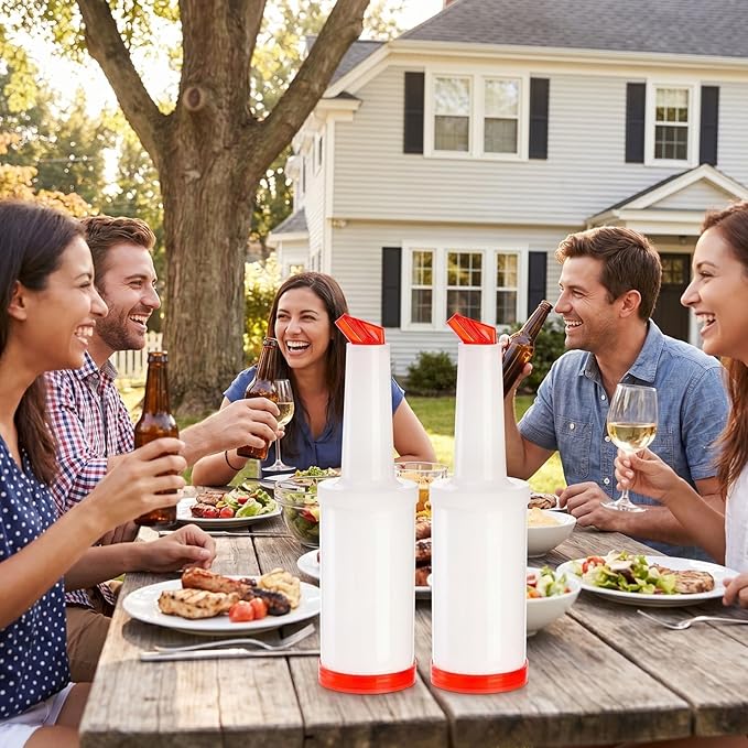 Tebery 6 Pack Plastic Juice Pour Bottles with 12 Stainless Steel Bottle Pourer, 34 OZ Plastic Juice Dispensers for Bar Home Kitchen Party Supplies