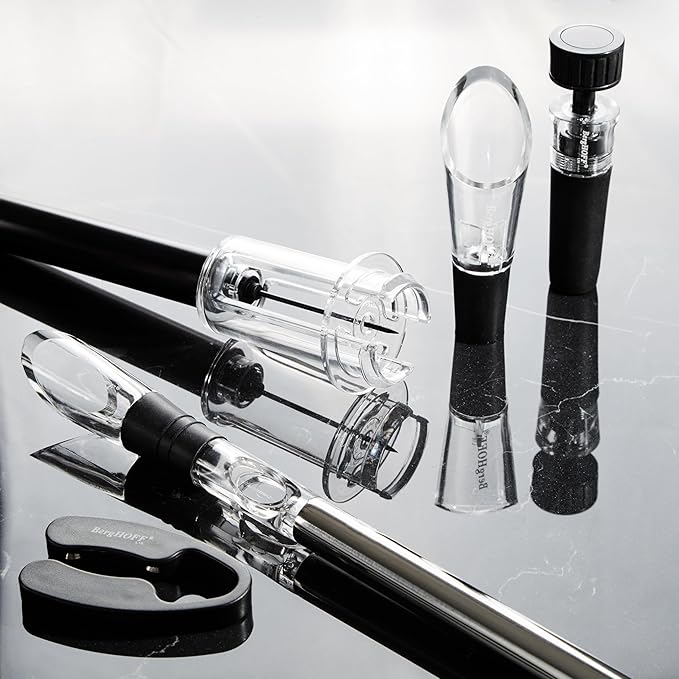 BergHOFF 6Pc Air Pressure Wine Opener with Chiller Pourer, Foil Cutter, Aerator Pourer, Vacuum Stopper Great for Gift
