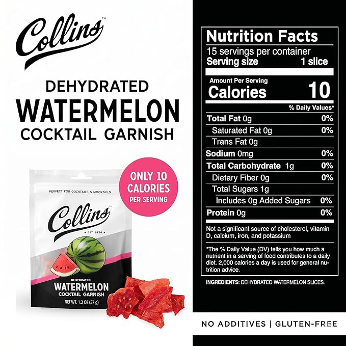 Collins Dehydrated Watermelon Cocktail Garnish Slices, 1.3 oz – Cocktail Garnish – 15 Servings – Dehydrated Watermelon Slices for Margaritas, Spritzes, Palomas, Highballs and Zero Proof Coolers