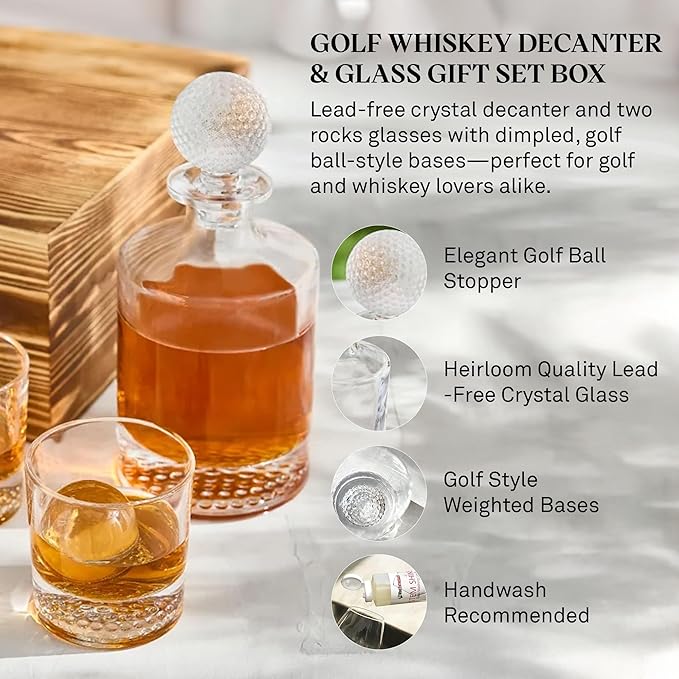 Wine Enthusiast Golf Whiskey Decanter Glasses Gift Set Box – Golf Themed Lead-Free Crystal Decanter, 2 Golf Ball Glasses Wood Box – Unique Gift for Men, Whiskey Lovers, Golfers