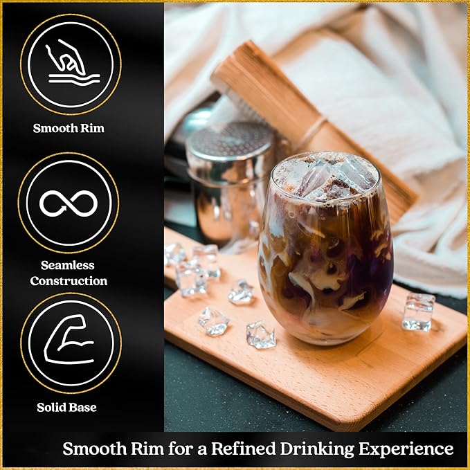 Improved Design of Our 2017 New York Times Best Stemless Glass – Set of 4 European-Made Stemless Wine Glasses, Reinforced Base for Added Stability & Premium Feel, Dishwasher-Safe, Lead-Free, 17 oz.
