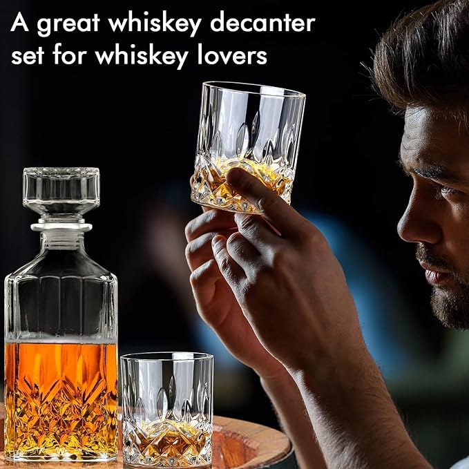 Whiskey Decanter Set for Men, Whiskey Glasses and Decanter with Cooling Stones Clear Glass Whisky Liquor Decanter Set for Whiskey Bourbon Rum Men Fathers'Gift