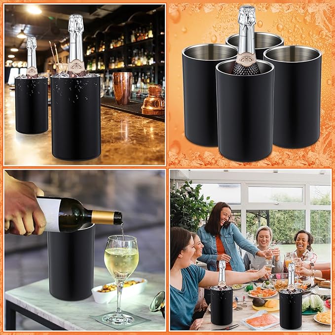 Potchen 6 Pack Wine Chiller Bucket Wine Bottles Cooler Bulk, Stainless Steel Double Wall Insulated Champagne Ice Bucket for Parties,Fits for 750 ml Bottles(Black)