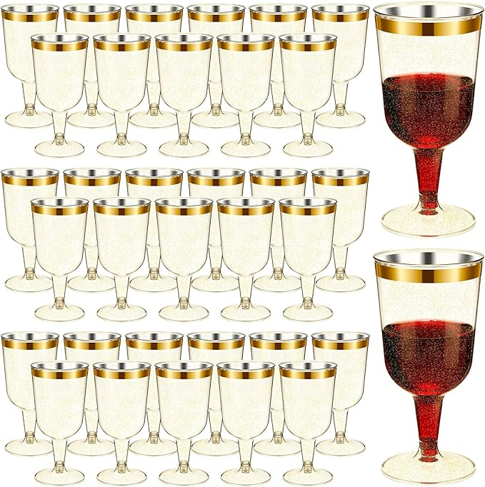 CHENGU 100 Pcs Plastic Wine Glasses 7 oz Gold Rimmed Mini Stemware with Removable Base for Wedding Parties Birthday Anniversary Champagne Toasting(Gold Powder)