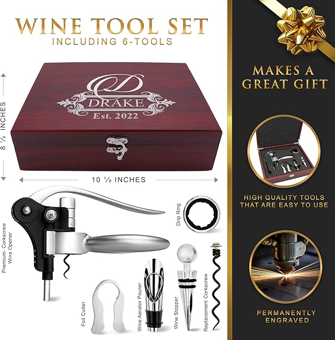 My Personal Memories Custom Engraved 5 Piece Wine Tool Opener Accessories Box Set - Customized Wine Lovers for Anniversary, Weddings, and More (Rosewood)