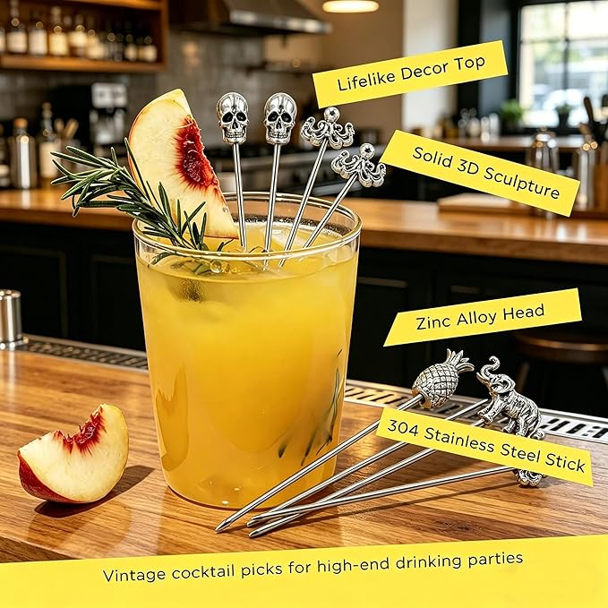 Homestia Stainless Steel Cocktail Picks, 4.7 Inch Reusable Martini Olive Picks, Metal Garnish Skewers for Drinks, Appetizers, Bloody Mary - Set of 6 Metal Cocktail Picks for Party Bar