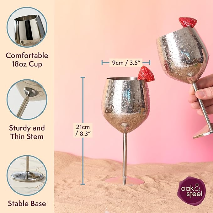 Oak & Steel - 2 Silver Stainless Steel Wine Glasses (18 Oz) Unbreakable Metal Wine Glasses, Wine Goblets with Gift Box for House Warming, Valentines, Anniversary