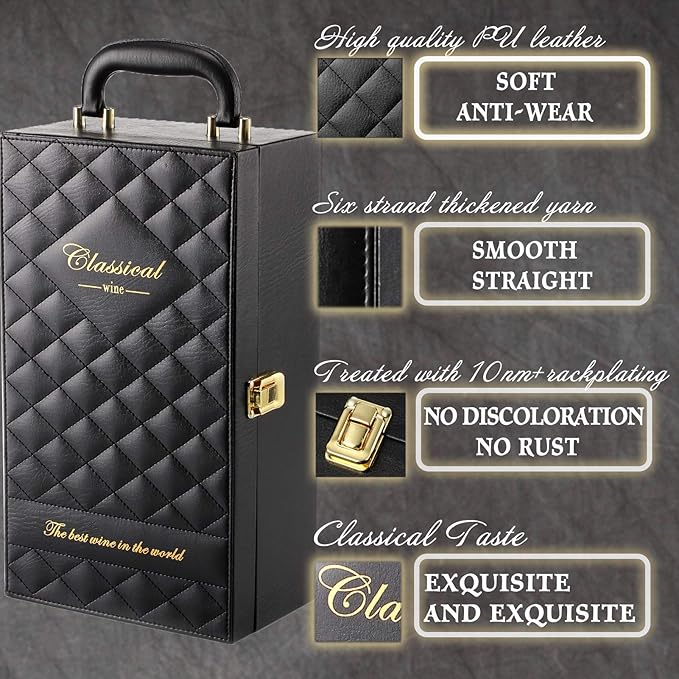 Wine Box, 2-Bottle Leatherette Top Handle Wine Carrier Case With 4 Accessories