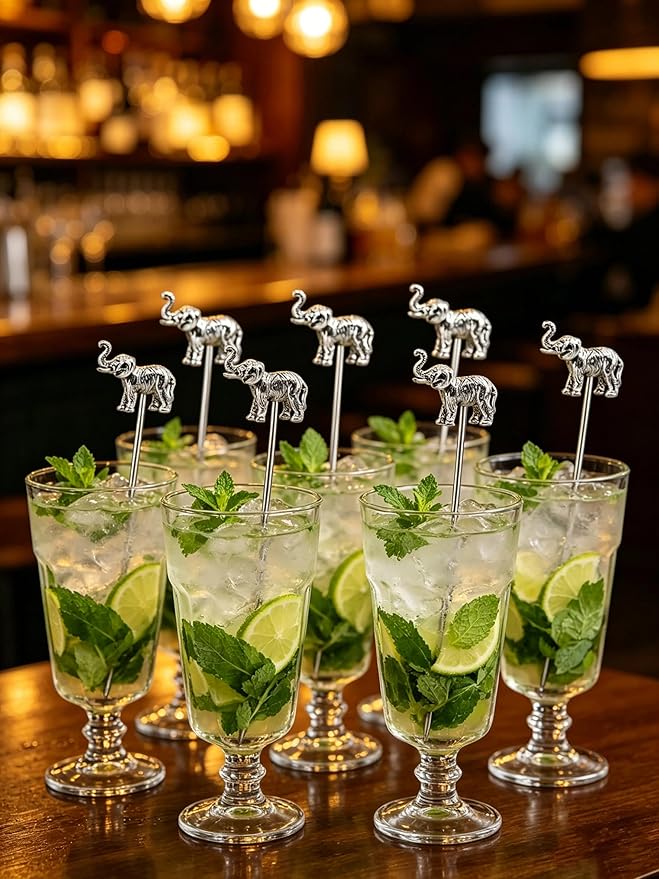 Homestia Stainless Steel Cocktail Picks, 4.7 Inch Elephant Animal Cocktail Toothpicks, Reusable Garnish Skewers for Drinks, Set of 6 Martini Olive Picks