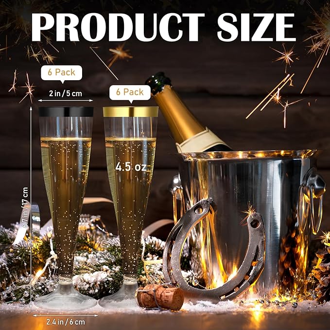Jingmore 60 Pcs Plastic Champagne Flutes 4.5 oz Clear Disposable Wine Glasses Cocktail Cup Champagne Glass for Wedding Graduation Summer Party Favor Mimosa Bar Supplies (Black,Gold)