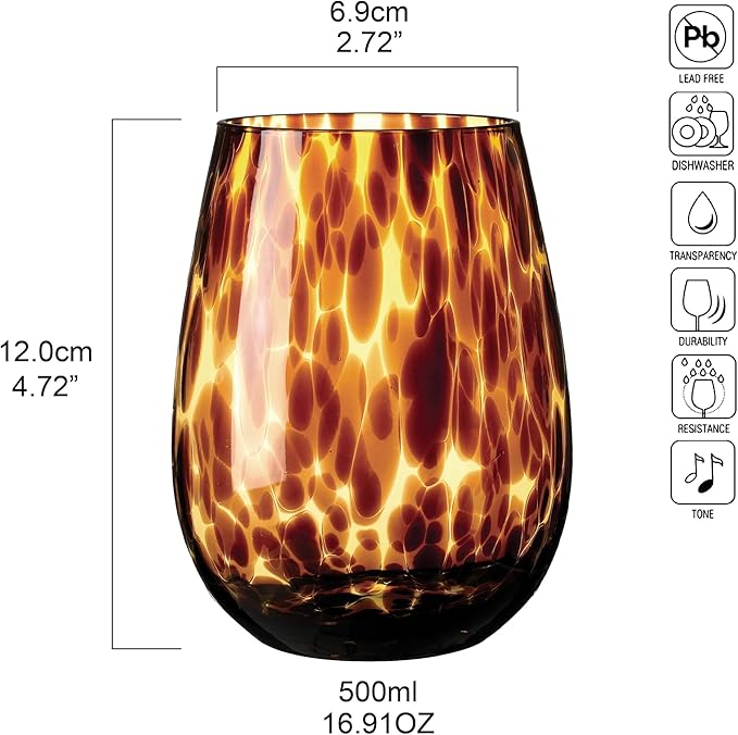 Joseph Sedgh Collection Tortoise Shell Stemless Wine & Water Glass Set of 4 – 16.91 oz Borosilicate Tumblers – Durable, Lead-Free, Dishwasher Safe – Gift Box Packaged