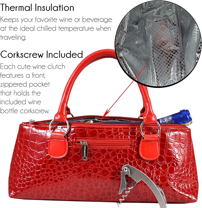 Primeware Wine Clutch Bag (Thermal Insulated) Trendy Women’s Carry Tote | Holds Red & White 750mL Bottles | Trendy Fashion | Incl. Portable Waiter-Style Corkscrew