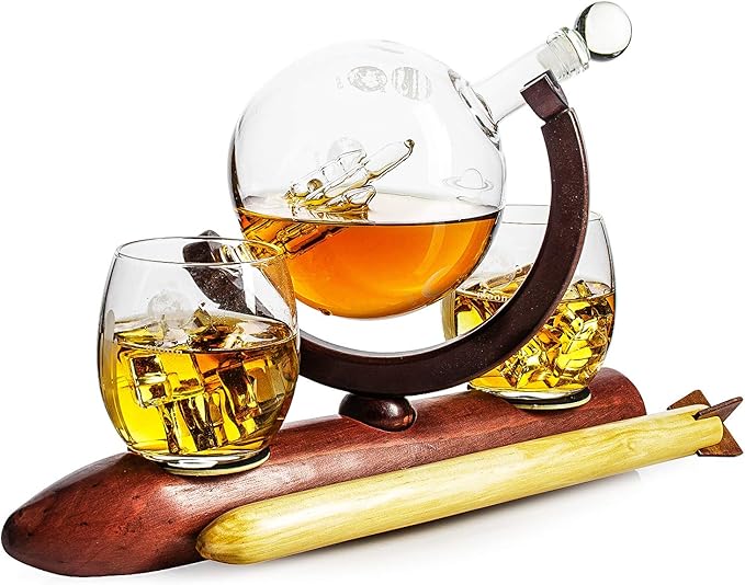 Rocket Wine & Whiskey Decanter Set, Rocket Decanter, Solar System Planets Globe Decanter, Limited Edition, Descriptive Planets Rotating Around Sun, Personal Glass planetarium, Space Lovers Gift!