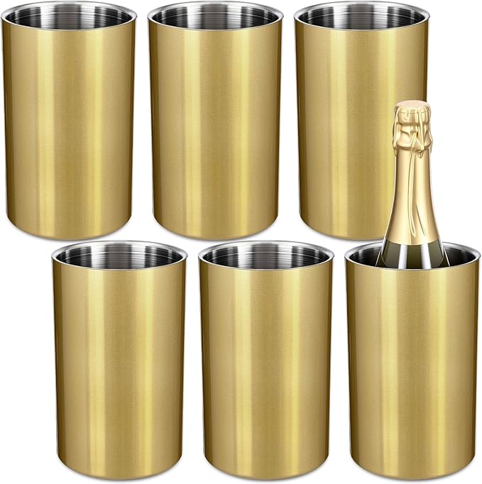 Potchen 6 Pack Wine Chiller Bucket Wine Bottles Cooler Bulk, Stainless Steel Double Wall Insulated Champagne Ice Bucket for Parties,Fits for 750 ml Bottles (Gold)
