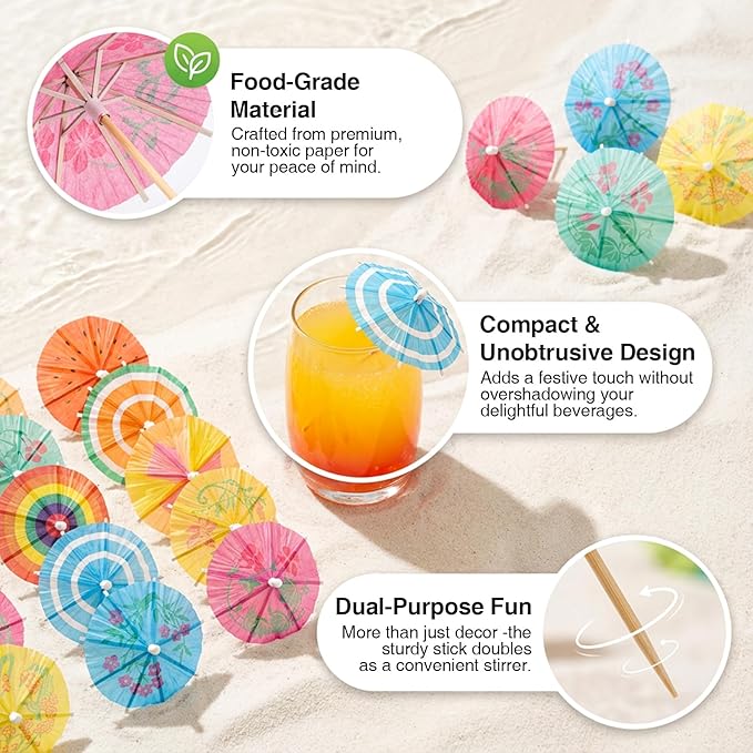 50 PACK Drink Umbrellas - 5 Styles Cocktail Umbrellas for Drinks, Paper Mini Umbrella for Drinks Hawaiian Cupcake Toppers, Colorful Cocktail Picks for Luau Parasols Tiki Party Decorations